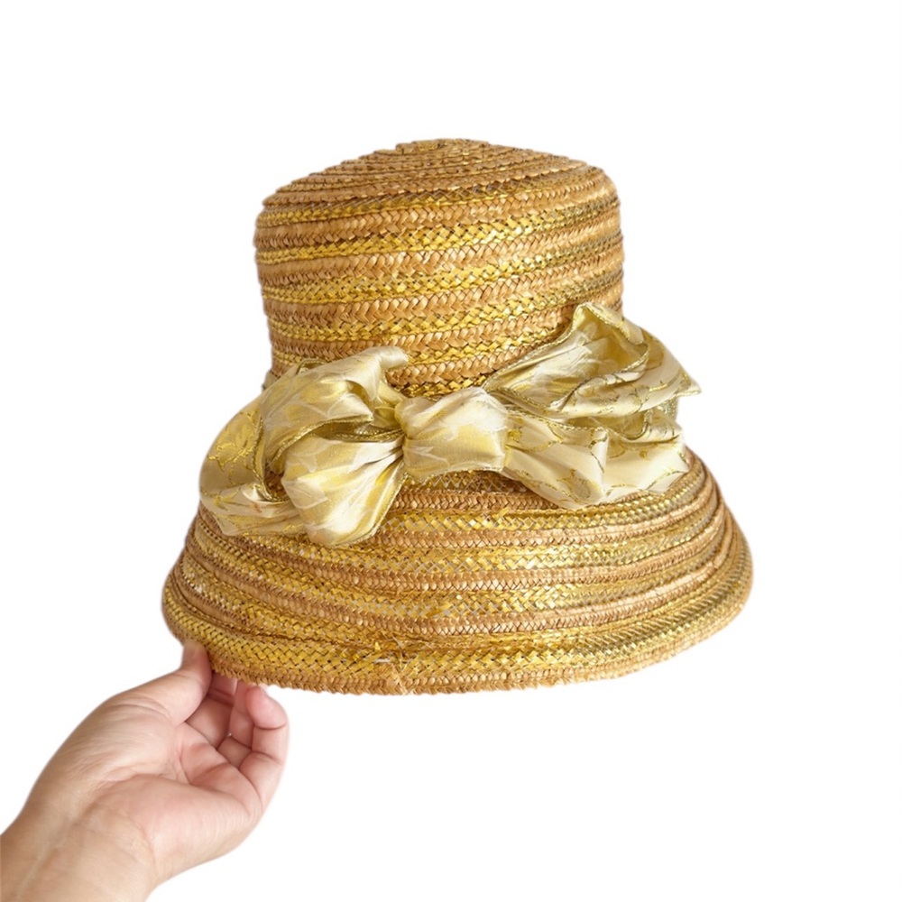 Eric Javits Gold Metallic Straw Bow Cloche Bucket Hat
